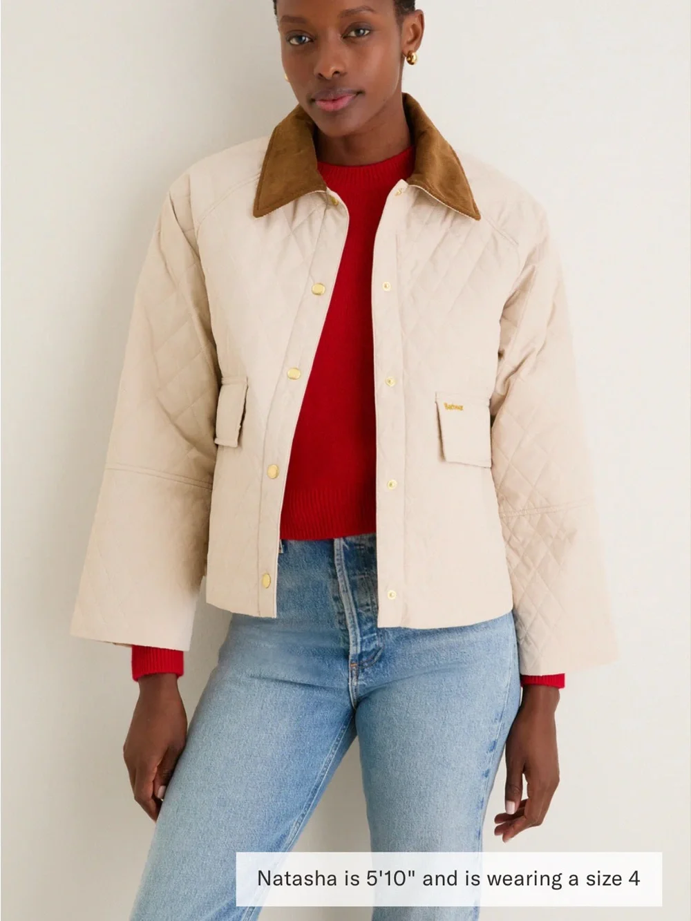 Barbour Quilted Cream Puffer Jacket with Brown Cord Collar - Picture 6 of 6
